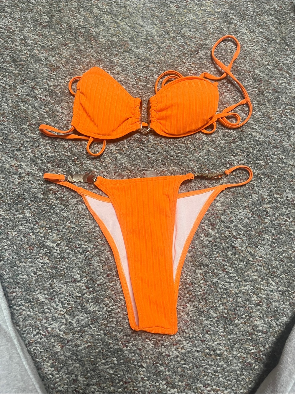 SHEIN Orange Ribbed Two-Piece Bikini with Gold Accents